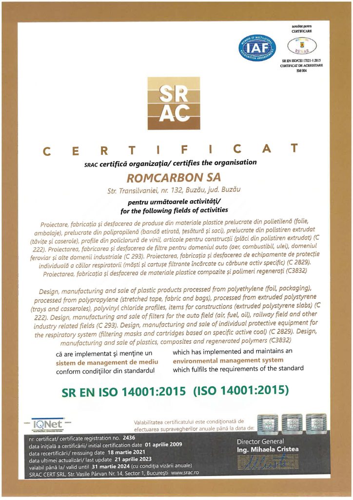 Certificat ISO 14001. 2023