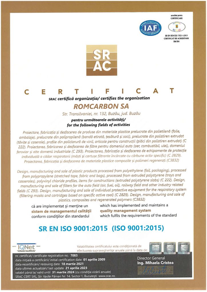 Certificat ISO 9001. 2023 Romcarbon