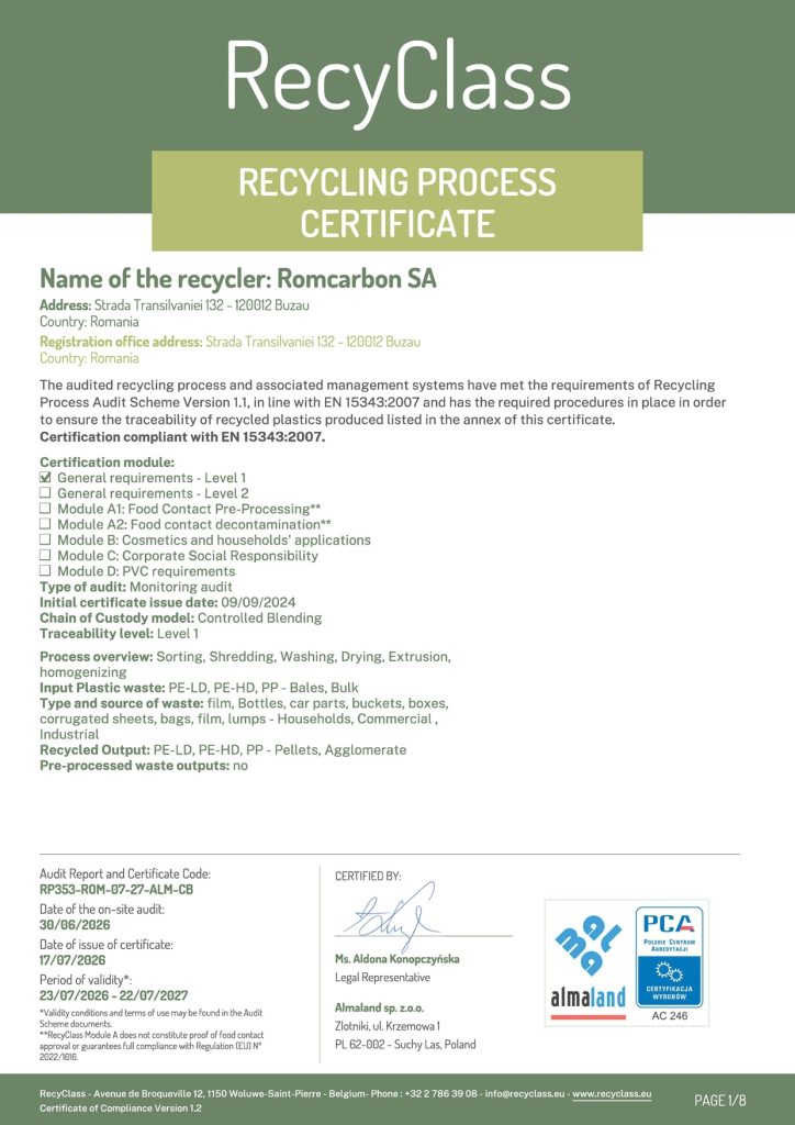 Certificat Recyclass 2026 -2027 Certification